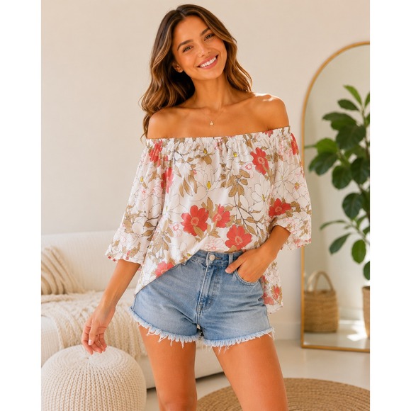 Three Eighty Two Tops - Three Eighty Two Floral Off Shoulder Ruffle Blouse White Red Size  Large NEW